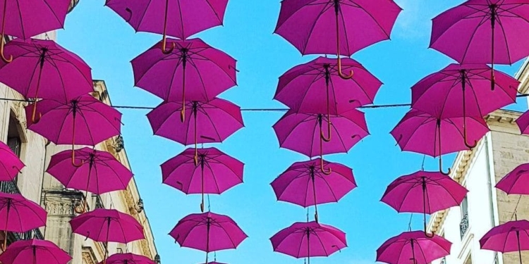 La rue de La Loge sous 300 parapluies roses