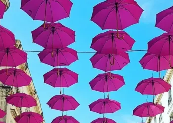 La rue de La Loge sous 300 parapluies roses