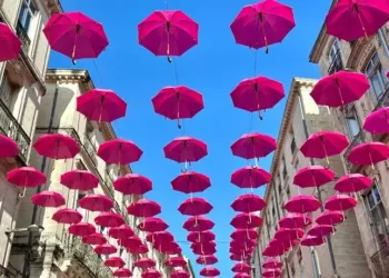 Montpellier : la rue de La Loge sous 400 parapluies roses