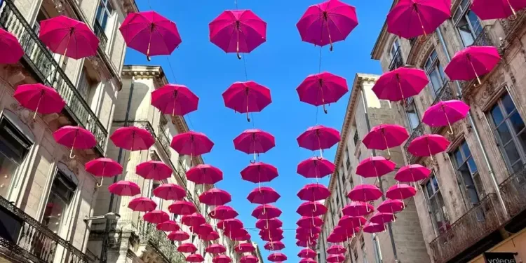 Montpellier : la rue de La Loge sous 400 parapluies roses